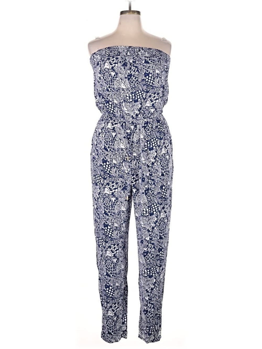 Lilly Pulitzer for Target Strapless Jumpsuit XL Blue White Fish Print Rayon Knit